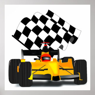 Yellow Race Car with Checkered Flag Poster