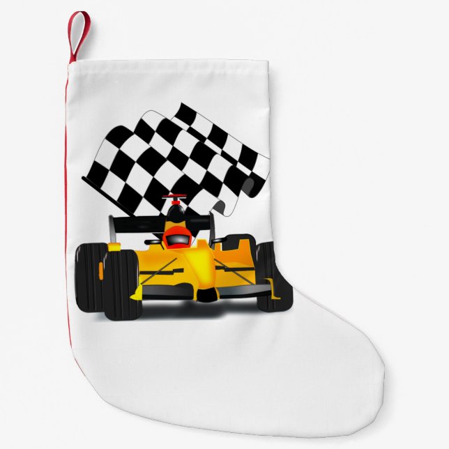 Yellow  Race Car with Checkered Flag Small Christmas Stocking (Front)