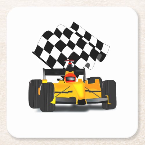 Yellow  Race Car with Checkered Flag Square Paper Coaster