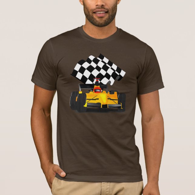 Yellow  Race Car with Checkered Flag T-Shirt (Front)