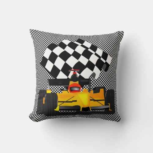 Yellow  Race Car with Checkered Flag Throw Pillow