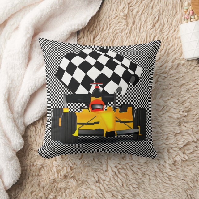 Yellow Race Car with Checkered Flag Throw Pillow (Blanket)