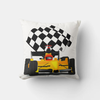 Yellow Race Car with Checkered Flag Throw Pillow