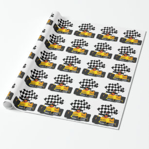 Yellow Race Car with Checkered Flag Wrapping Paper