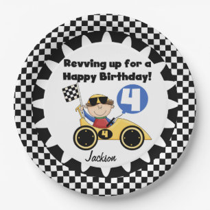 Yellow Racing Car 4th Birthday Paper Plates