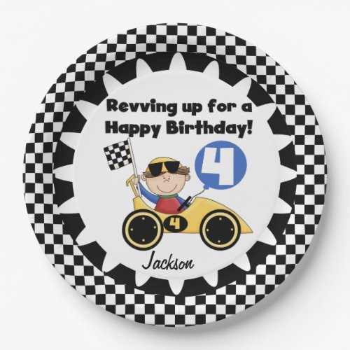 Yellow Racing Car 4th Birthday Paper Plates