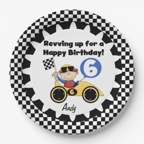 Yellow Racing Car 6th Birthday Paper Plates