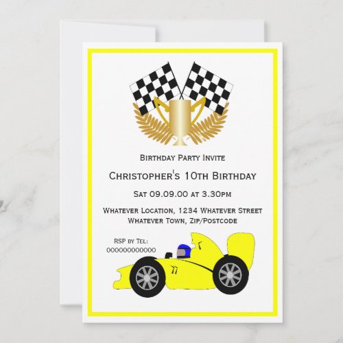 Yellow Racing Car Birthday Party Invitation