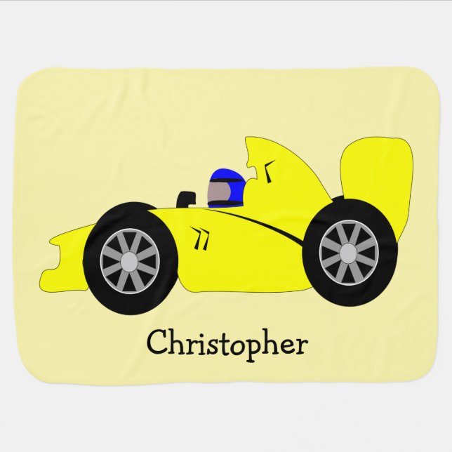 Yellow Racing Car Design Just Add Name Baby Blanket (Horizontal)