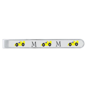 Yellow Racing Car Design Monogrammed Silver Finish Tie Bar
