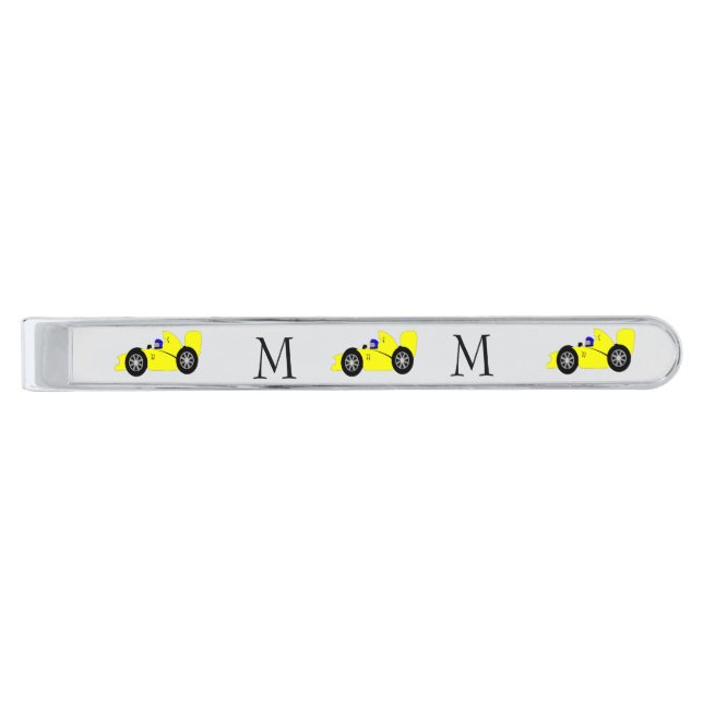 Yellow Racing Car Design Monogrammed Silver Finish Tie Bar (Front)
