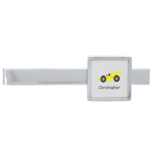 Yellow Racing Car Design Personalised Silver Finish Tie Bar