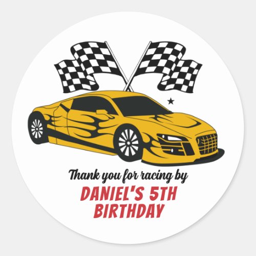 Yellow Racing Car for Kids Boys Birthday Party Classic Round Sticker