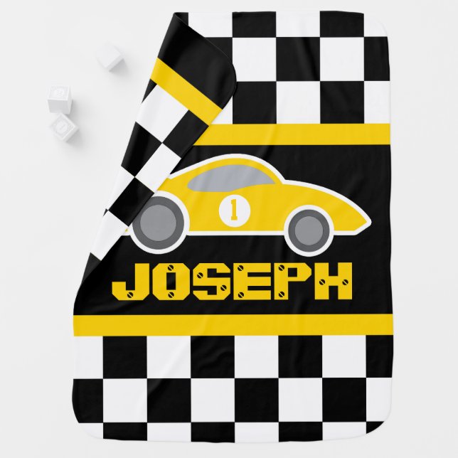Yellow racing car name number checkered flag baby blanket (In Situ)