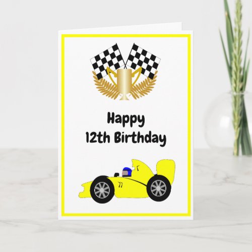 Yellow Racing Car Personalised 12th Birthday Card