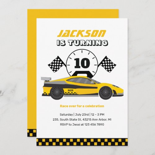 Yellow Racing Car Race Kids Boys Birthday Invitation