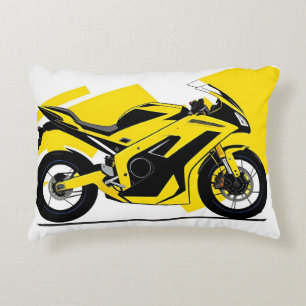 Yellow Racing Motorcycle and Rider Illustration Accent Pillow