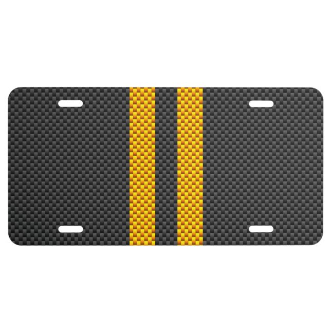 Yellow Racing Stripes Carbon Fiber Style License Plate (Front)