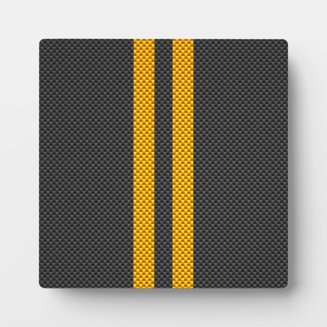 Yellow Racing Stripes Carbon Fiber Style Plaque (Front)