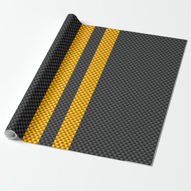 Yellow Racing Stripes Carbon Fiber Style Wrapping Paper (Unrolled)