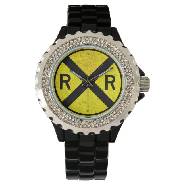 Yellow Railroad Crossing Sign Wrist Watch (Front)