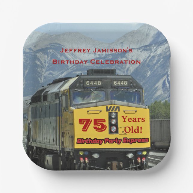 Yellow Railroad Train Engine, 75th Birthday, Name Paper Plates (Front)