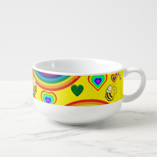 Yellow Rainbow Bumblebee Hearts Soup Mug (Left)