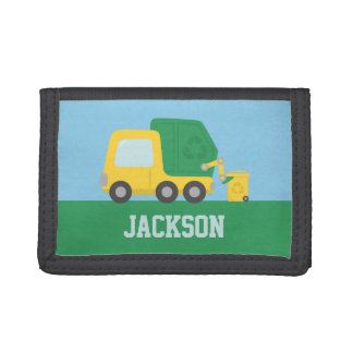 Yellow Recycling Garbage Truck Kids Personalized Tri-fold Wallet