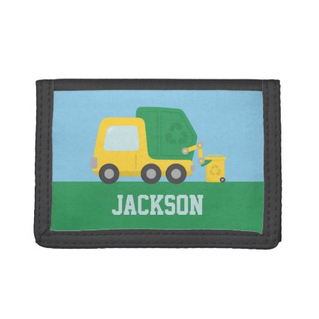 Yellow Recycling Garbage Truck Kids Personalized Trifold Wallet
