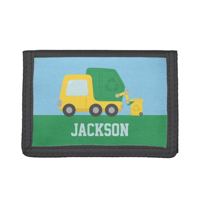 Yellow Recycling Garbage Truck Kids Personalized Trifold Wallet (Front)