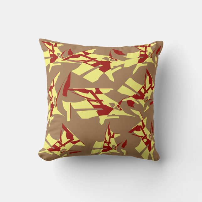 Yellow Red Abstract Floral Modern Art Print on Tan Throw Pillow (Front)