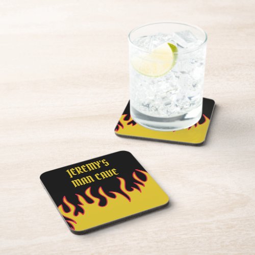 Yellow Red and Black Flames Custom Message Beverage Coaster