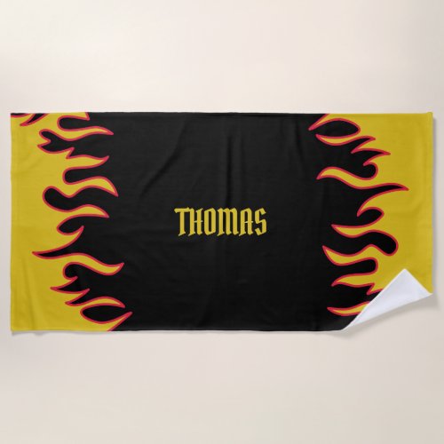 Yellow Red and Black Flames Personalized Beach Towel