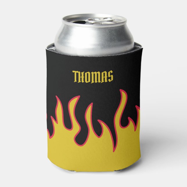 Yellow, Red and Black Flames Personalized Can Cooler (Can Front)