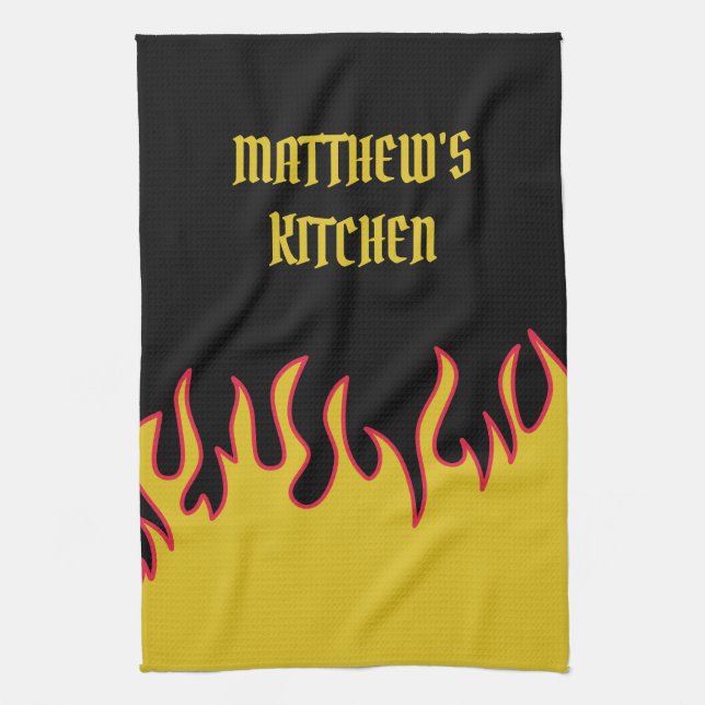 Yellow, Red and Black Flames Personalized Kitchen Towel (Vertical)
