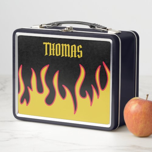 Yellow Red and Black Flames Personalized Metal Lunch Box