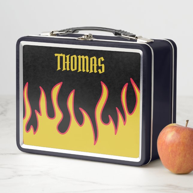 Yellow, Red and Black Flames Personalized Metal Lunch Box (In Situ)