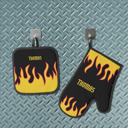 Yellow Red and Black Flames Personalized Oven Mitt  Pot Holder Set