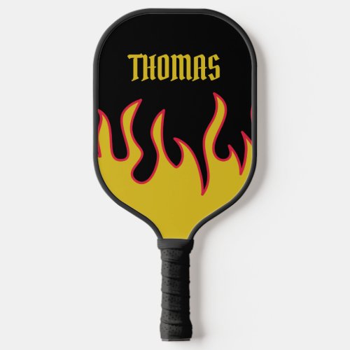 Yellow Red and Black Flames Personalized Pickleball Paddle