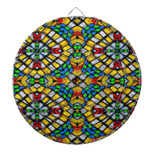 Yellow, Red and Blue Stained Glass Dartboard With Darts