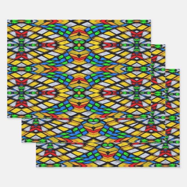 Yellow, Red and Blue Stained Glass Wrapping Paper Sheets (Set)