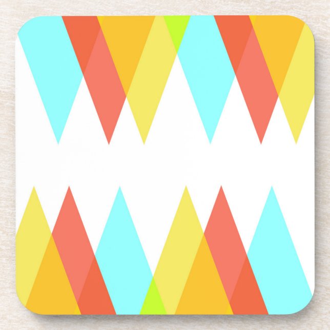 Yellow, red and cadet blue triangles beverage coaster (Front)