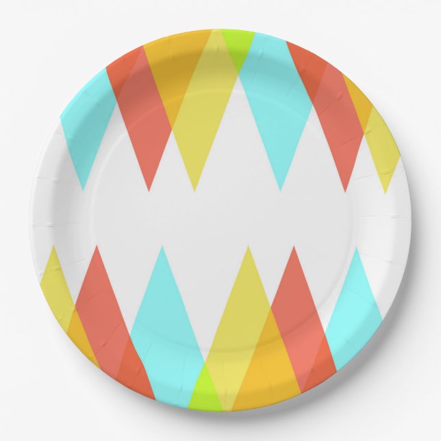Yellow, red and cadet blue triangles paper plates (Front)