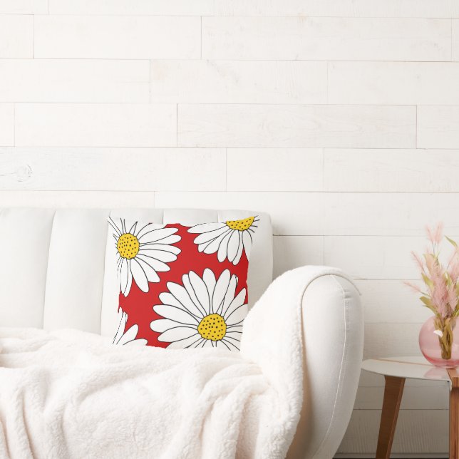 Yellow Red and White Daisies Throw Pillow (Couch)