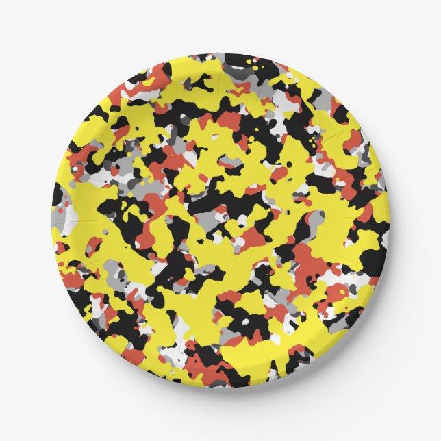 Yellow Red Black Grey Camouflage Camo Party Paper Plates (Front)