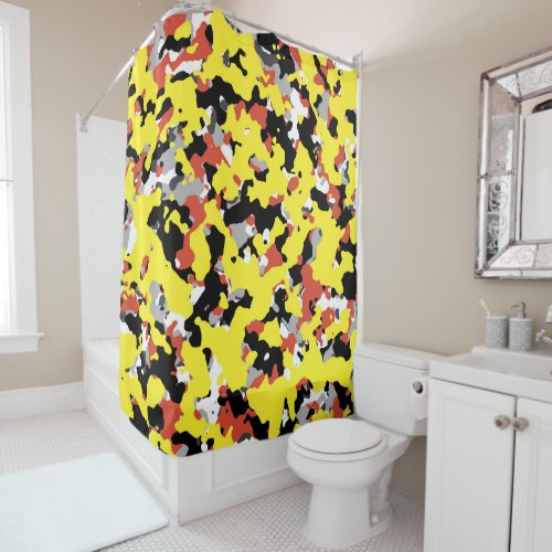 Yellow Red Black Grey Camouflage Camo Pattern Shower Curtain