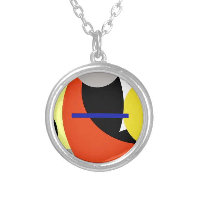 Yellow Red Blue Abstract Art Silver Plated Necklace (Front)