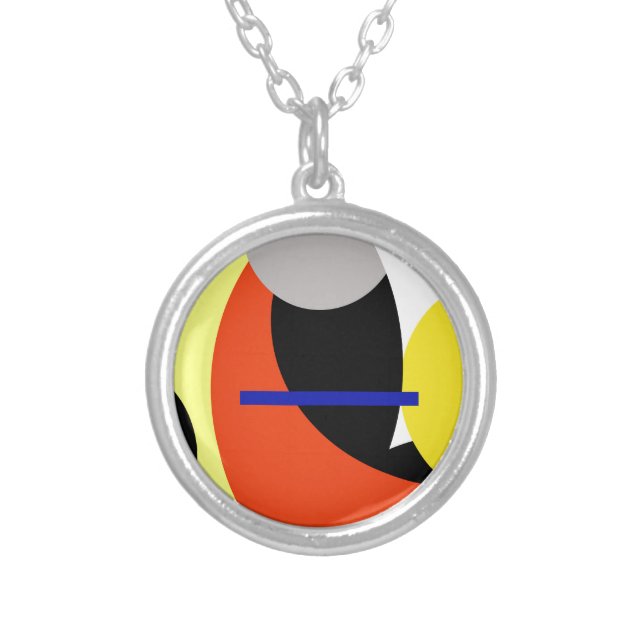 Yellow Red Blue Abstract Art Silver Plated Necklace (Front)