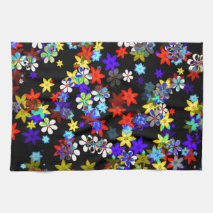 Yellow, Red, Blue, Cream, Violet Flowers On Black Kitchen Towel