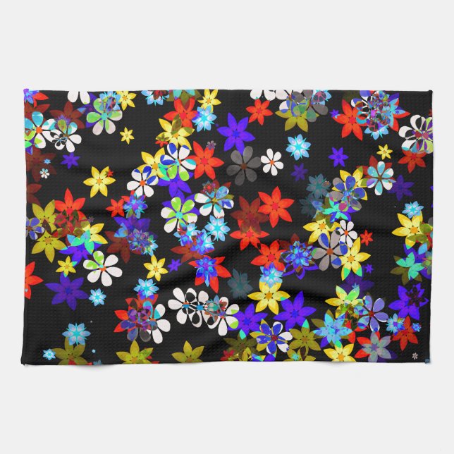 Yellow, Red, Blue, Cream, Violet Flowers On Black Kitchen Towel (Horizontal)
